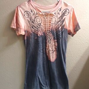 Affliction gray & peach graphic Tee size S